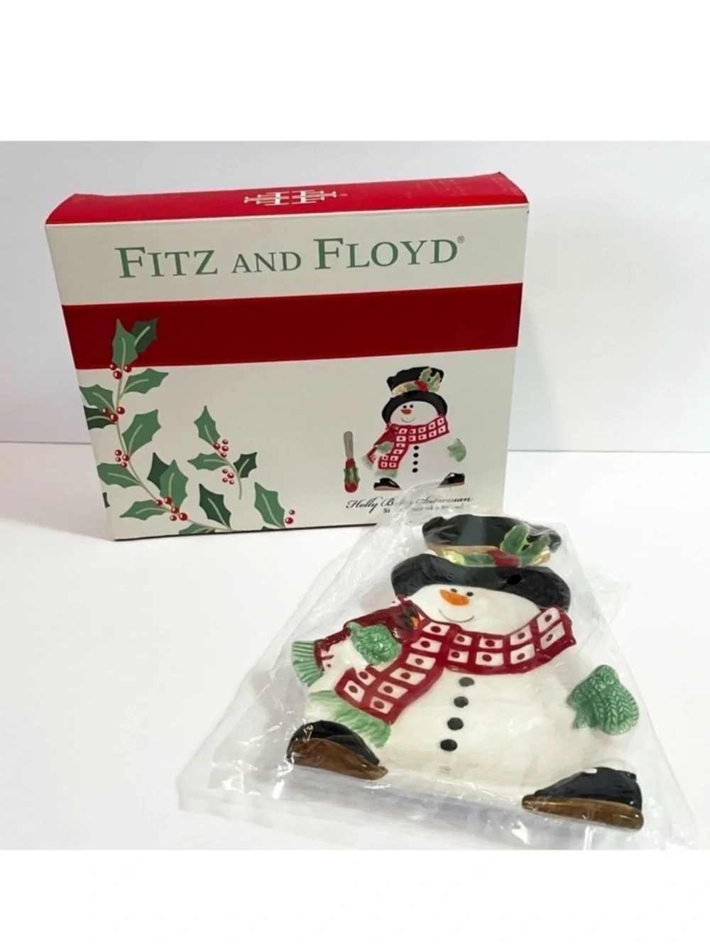 Fitz & Floyd Holly Berry Snowman Snack Plate with Box 7